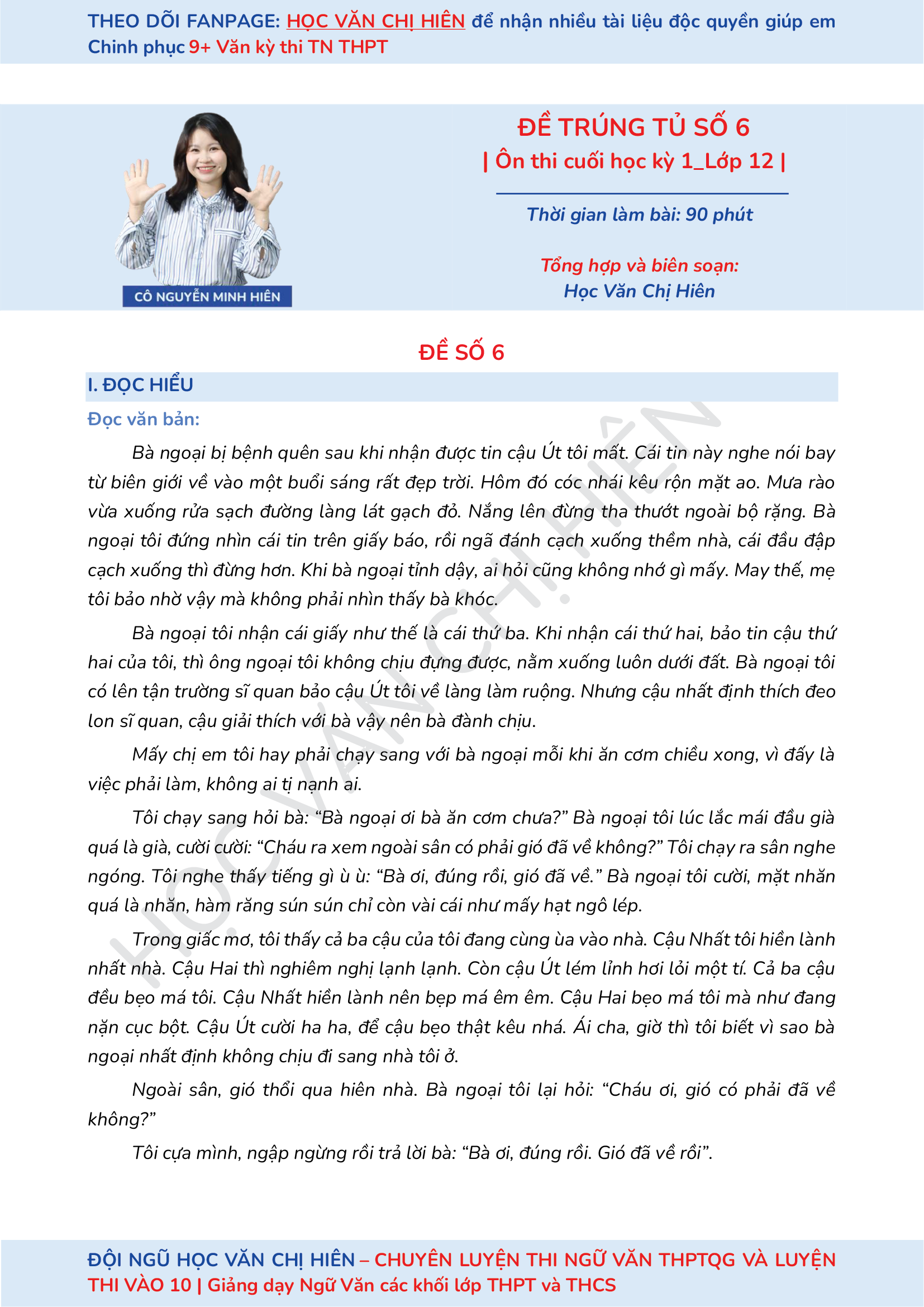 ĐỀ TRÚNG TỦ SỐ 6 + ĐÁP ÁN | ÔN THI CUỐI HỌC KÌ 1 LỚP 12 MÔN NGỮ VĂN